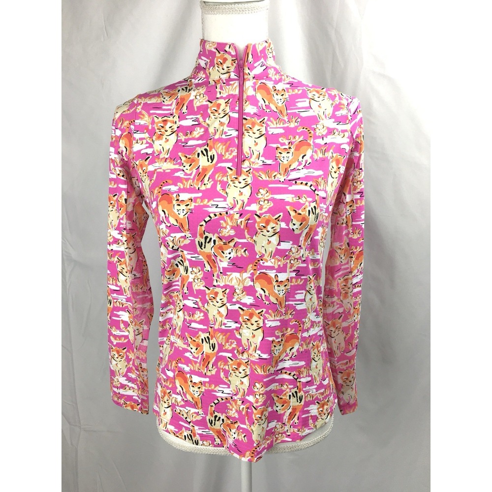 New Ibkul Women XS Pink Kitty Cat Long Sleeve Shirt Top 1/4 Zip Mock Neck UPF 50